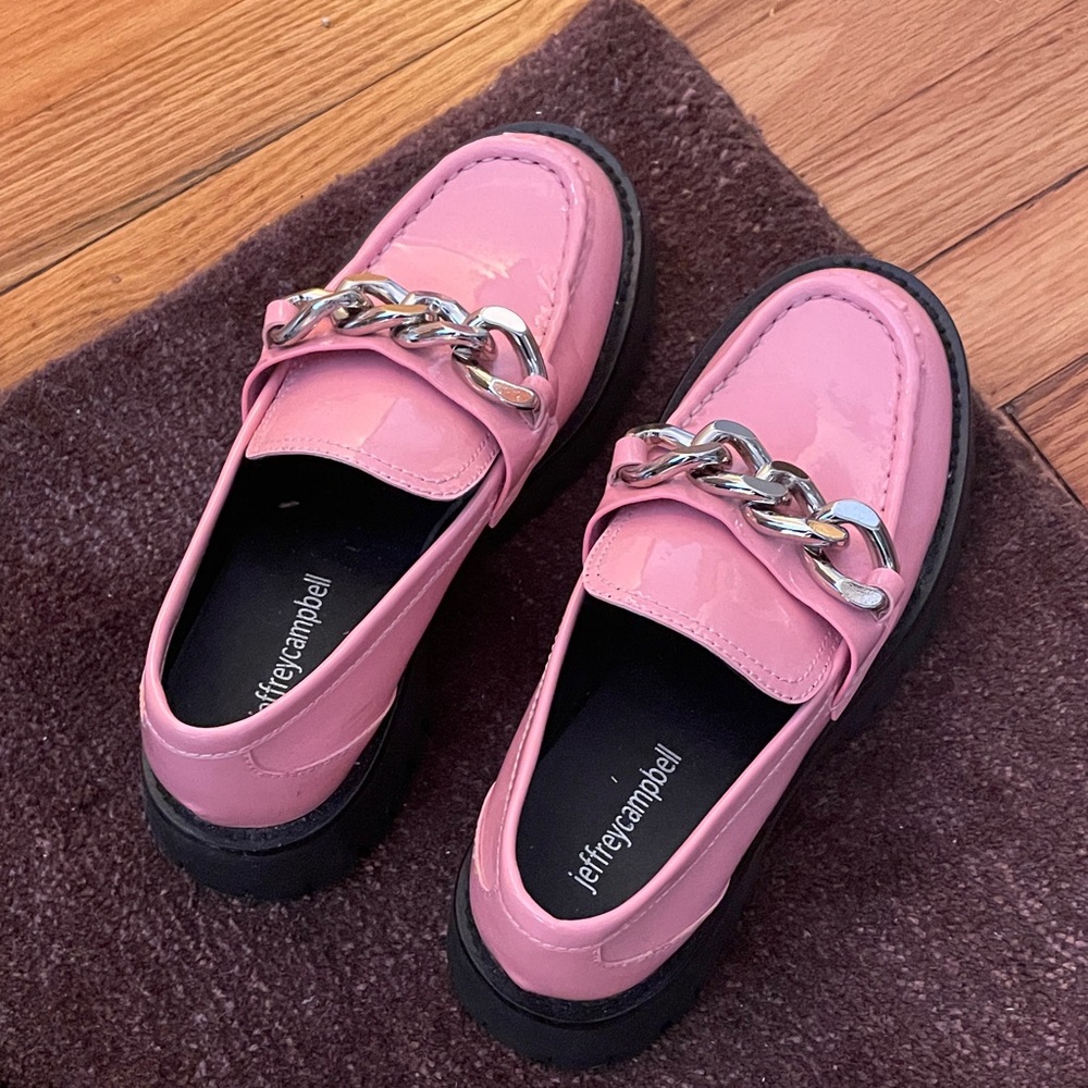 JEFFREY CAMPBELL Pink Chunky Patent Loafers with Silver Chain